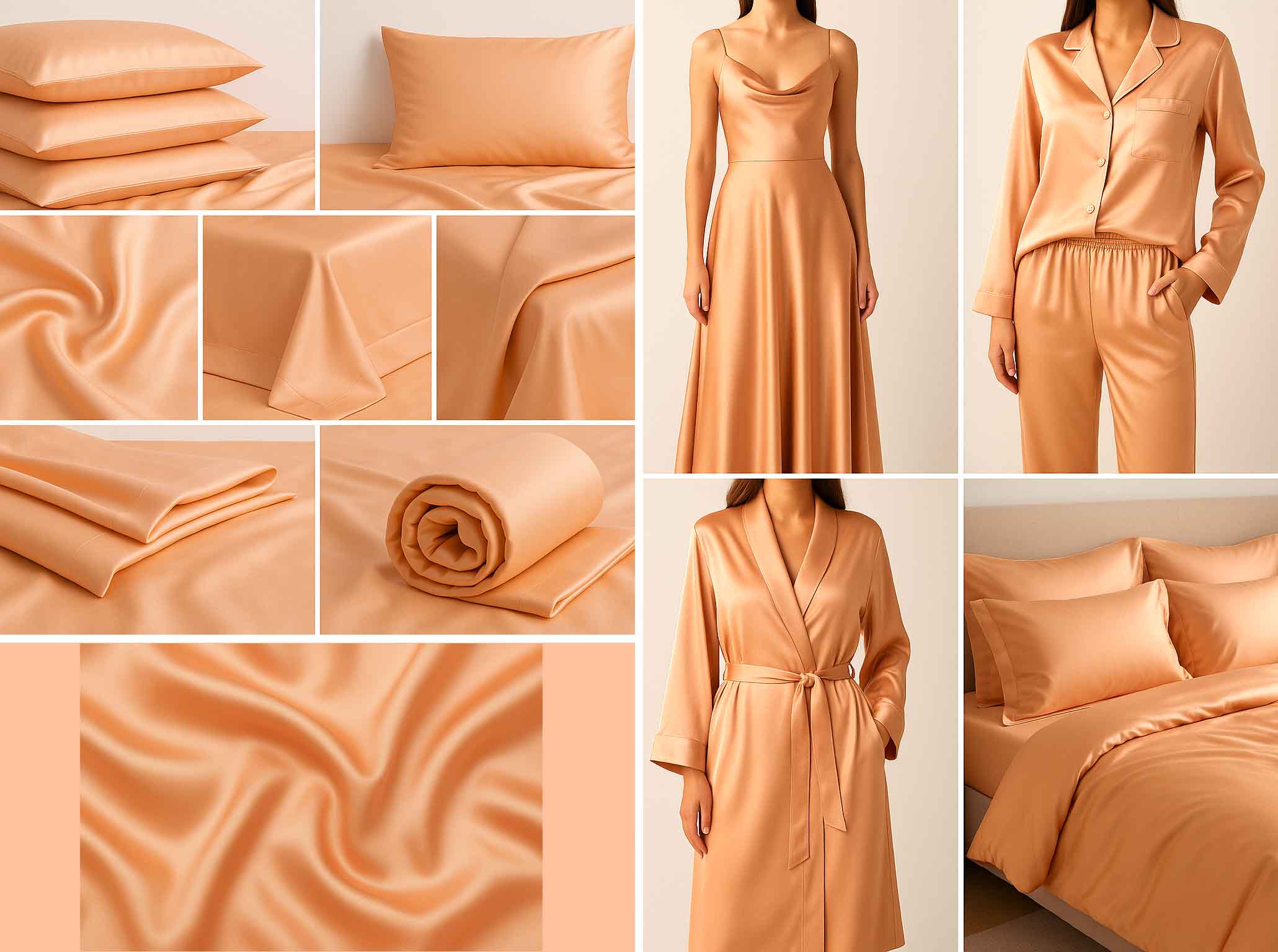 Luxusní bavlněný satén v ušitých produktech - saténový župan, pyžamo, povlečení, prostěradlo, ubrus a další výrobky z bavlněného saténu