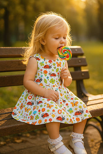 Malá holčička sedící na lavičce v parku, v šatech s potiskem berušek a motýlků, jak líže barevné lízátko při zlatavém odpoledním světle