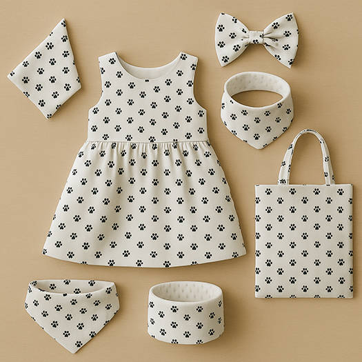 Dětský módní set z bílé bavlny s drobnými černými tlapkami: šatičky, trojúhelníkový šátek, čelenka, nákrčník a nákupní taška na světlém pozadí.