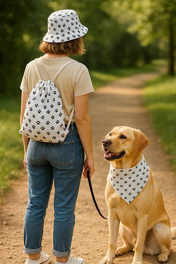 Labrador v šátku se vzorem drobných černých tlapek a majitelka s kloboukem a stahovacím batůžkem se stejným potiskem v parku..