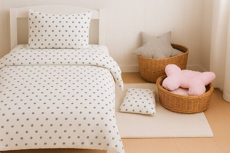 Dětské povlečení z bílé bavlny s drobnými černými tlapkami na posteli, vedle proutěných košíků s polštářky a pet pelíškem.