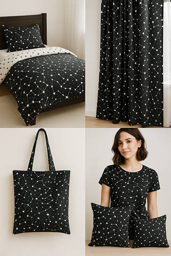  Koláž produktů z černé bavlny se vzorem souhvězdí: na posteli povlečení, vedle závěsy, dole nákupní taška a žena v tričku drží polštáře.