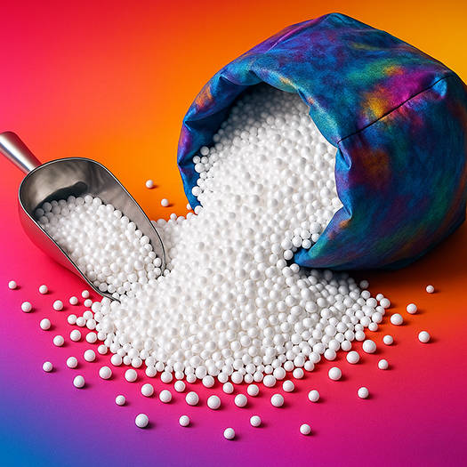 EPS kuličky a vločky rozsypané vedle batikovaného sedacího vaku na tmavém pozadí.