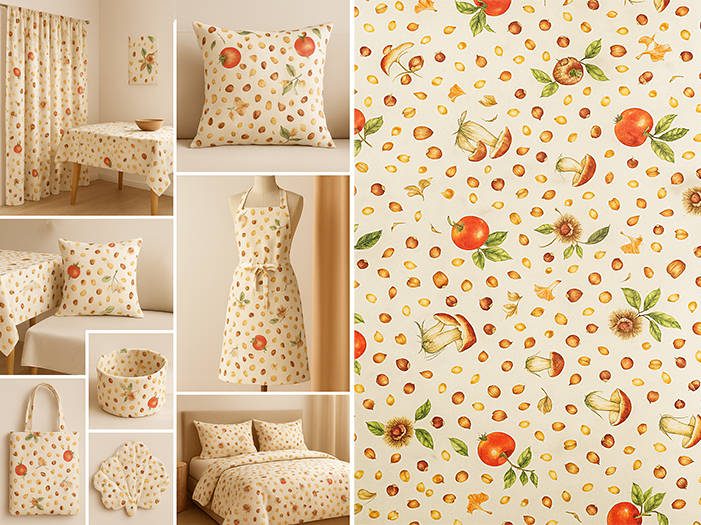 Ukázka výrobků z látky s podzimními motivy, výrobky z podzimní látky s jablky, listy, ořechy a houbami – závěsy, tašky, polštářky, ubrusy, povlečení a dětské doplňky z pevné látky v šíři 280 cm.