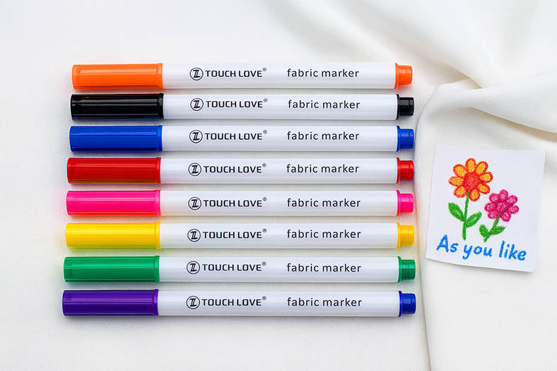  Sada 8 barevných textilních fixů TOUCH LOVE s tenkým 1 mm hrotem, rozmístěných na bílé látce vedle malovaného vzoru květin .