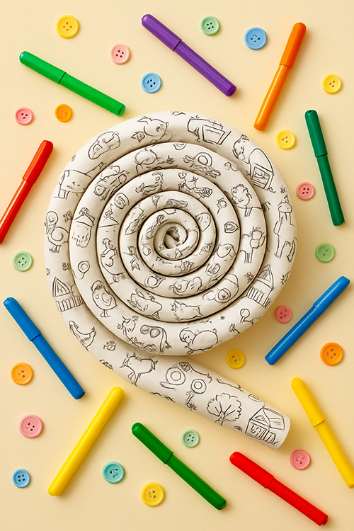 Spirála z látky s farmářským potiskem na žlutém pozadí, kolem rozházené barevné pastelky a pastelové knoflíky