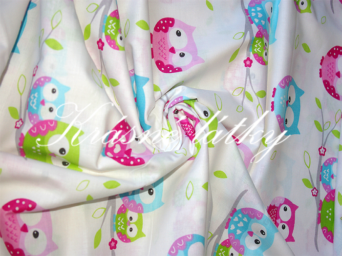 Sovy - 100% bavlna v pestrých b. na dětské výrobky a dekoraci 