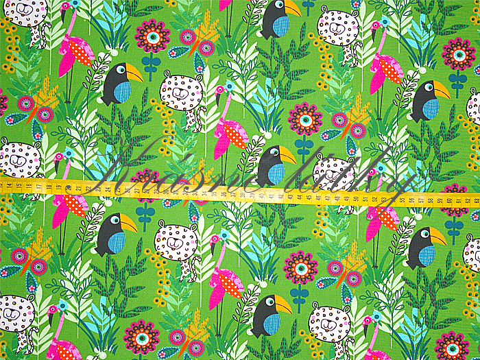 Tukan, levhart, plameňák šedé pozadí š. 160 cm, velmi pěkná kvalita úplet