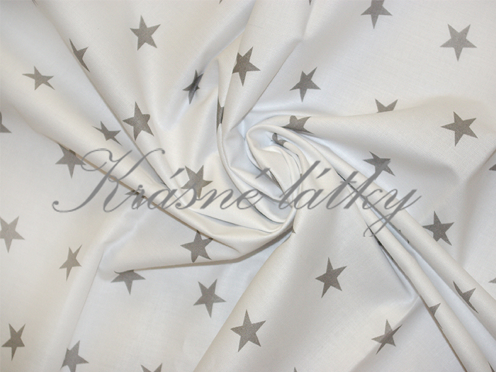 Mušelín Hvězdy šedé bílý podklad, hvězdičky 100% bavlna š.160cm 140gr/m2