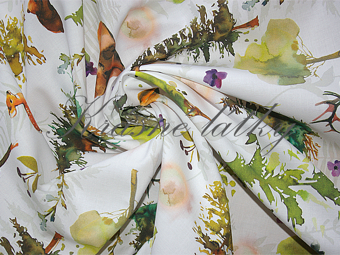 Les jelen, medvěd, rys, liška - 100% bavlna satén, š. 160 cm, 130 g/m2