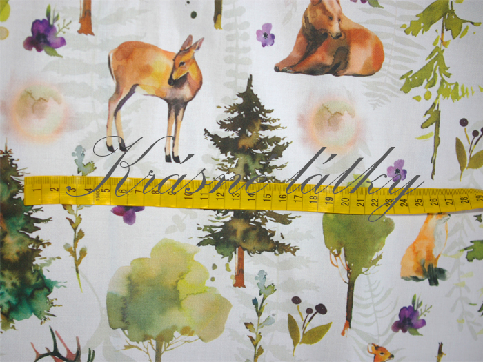 Les jelen, medvěd, rys, liška - 100% bavlna satén, š. 160 cm, 130 g/m2