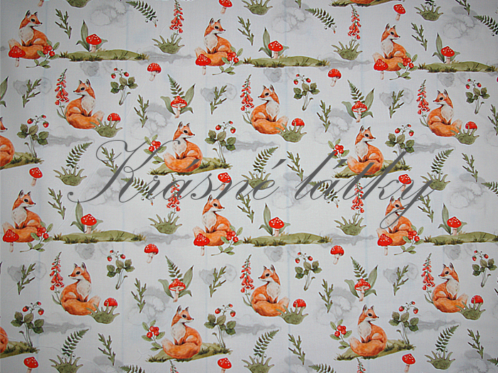 Liška, muchomůrka, jahůdky, kapradí - 100% bavlna, š. 160 cm bavlna, 130 g/m2
