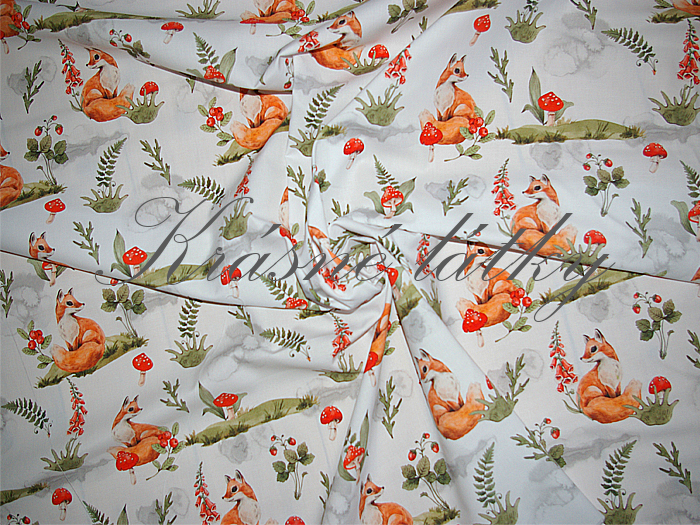 Liška, muchomůrka, jahůdky, kapradí - 100% bavlna, š. 160 cm bavlna, 130 g/m2