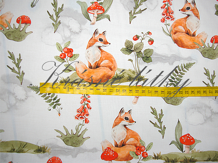 Liška, muchomůrka, jahůdky, kapradí - 100% bavlna, š. 160 cm bavlna, 130 g/m2