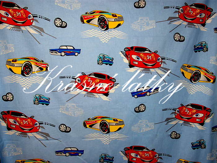 Závodní auta -  krásná látka např. na dětské povlečení,modrý podklad,metráž