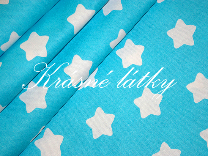 Hvězdy bílé na tyrkysovém podkladu - 100% bavlna,  š. 160 cm, 140 g/m2
