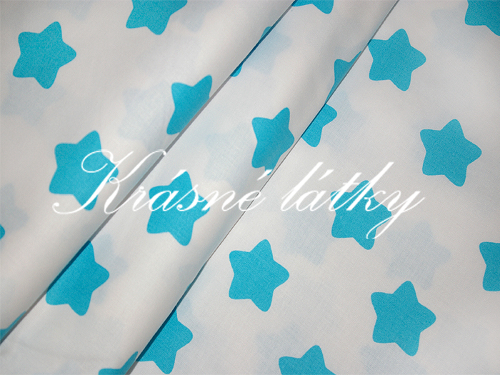 Hvězdy tyrkysové na bílém podkladu - 100% bavlna, š. 160 cm, 140 g/m2