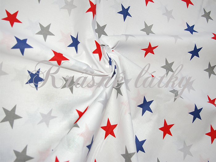 Hvězdy 4,3 cm, červená/šedá/modrá - 100 % bavlna, š.160 cm, 135 g/m2 