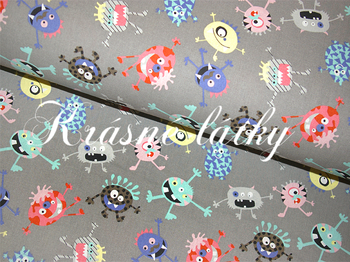 Příšerky na šedém podkladu - 140 cm, 100% bavlna