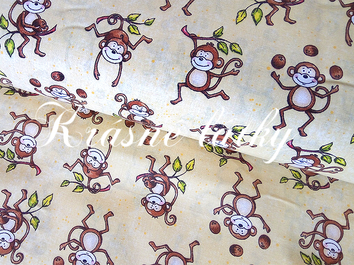 Tři opice, bavlněná látka - metráž š. 140cm, 135g/m2,béžový podklad