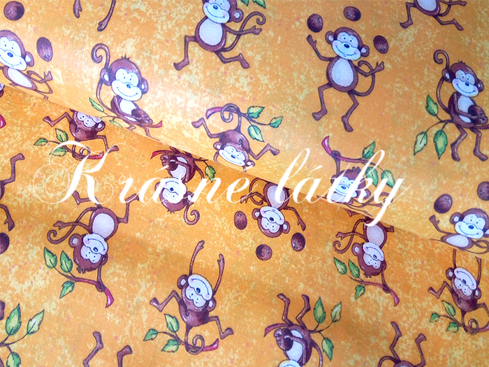 Vyprodáno Tři opice, bavlněná látka - metráž š. 140cm, 135g/m2,oranžový podklad