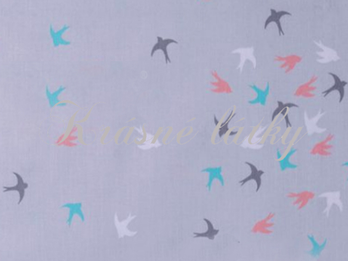 Vlaštovky - 100% bavlna, š. 140 cm, 120 g/m2, šedý podklad