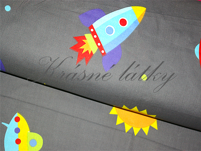 Raketa, bavlněná látka - metráž š. 160 cm, gramáž 135 g/m2, šedý podklad