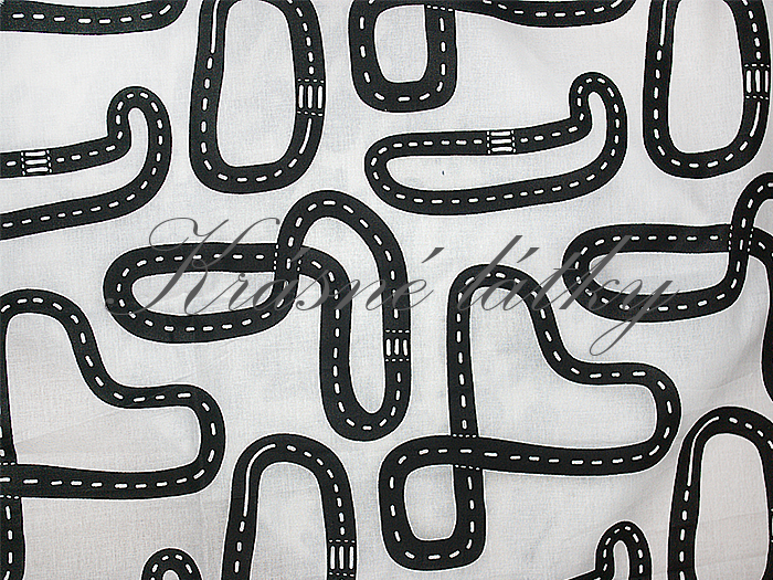 Silnice - 100% bavlna, š. 160 cm, 120 g/m2, sněhově bílý podklad, atest pro děti do tří let 