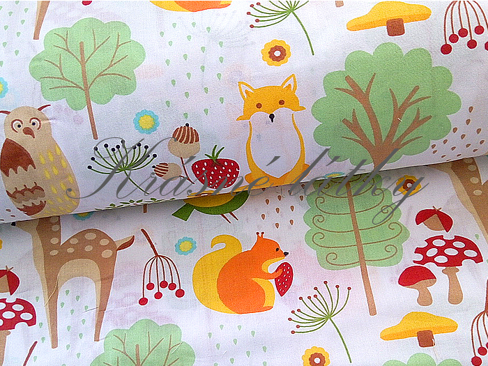 Lesní zvířátka, veverka, liška, srnka, medvěd, sova,100%bavlna s atest