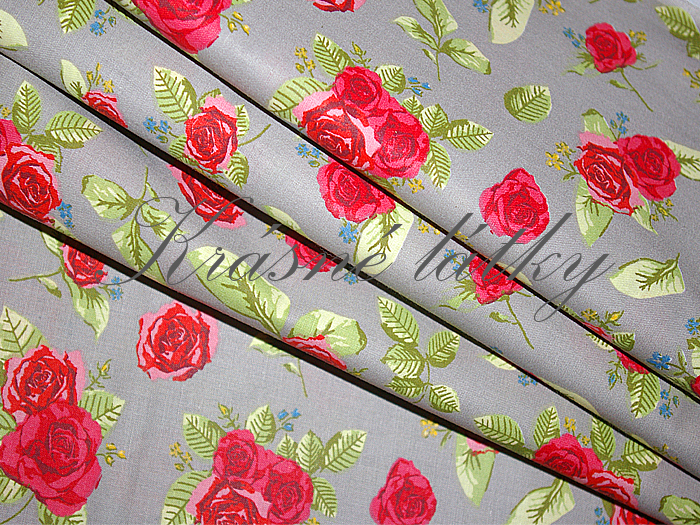 Růže na šedém podkladu - 100% bavlna, š. 140 cm, 140 g/m2