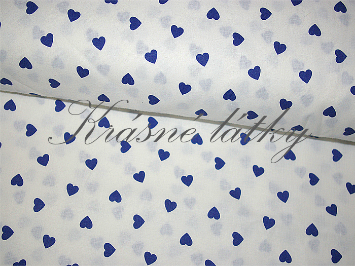 Srdíčka modrá na bílém podkladu, bavlněné plátno, šířka 160cm 