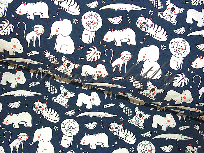 Hroch, krokodýl, lev, tygr, slon - 95 % bavlna, elastan 5 %, š. 160 cm, 170 g/m2 