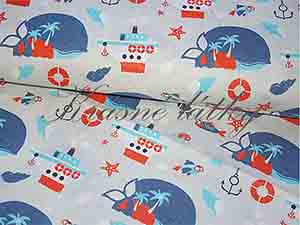 Dětská látka vzor velryba a parník - 100% bavlna - letní plátno, š. 160 cm, 130 g/m2