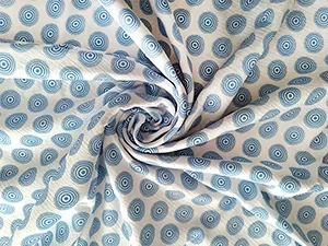 Mušelín mořská pěna, modré kruhy, dětské látky metráž