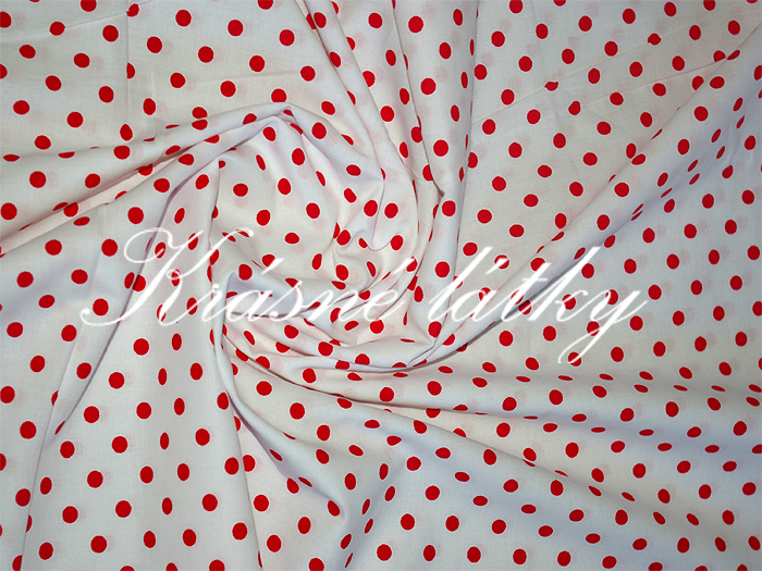 Červené puntíky 0,7cm- bílý  podklad š. 150cm