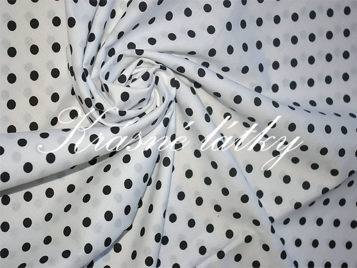 Černé puntíky 0,7cm- bílý  podklad š. 150cm