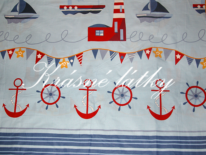 Kotva, lodě, kormidlo, maják - 100% bavlna, š. 160 cm, 135 g/m2