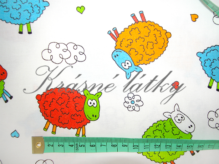 Vyprodáno Barevné ovečky š.160cm 130gr m2-  krásná látka např. na dětské povleče