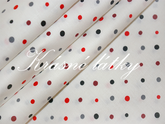 Puntíky - šedo červené podklad sněhově bílý š. 240 cm