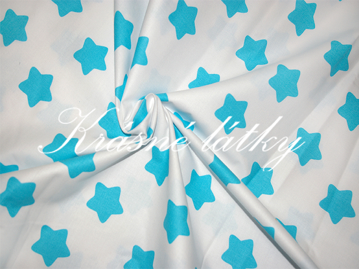 Hvězdy tyrkysové na bílém podkladu - 100% bavlna, š. 160 cm, 140 g/m2