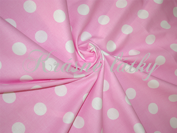 Bílé puntíky 2,5 cm růžový podklad - 100% bavlna, š. 150 cm, 130 g/m2