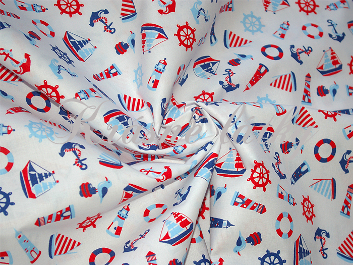 Racek, kotvy, kruhy, kormidla, loď - 100% bavlna, š. 160 cm, 140 g/m2