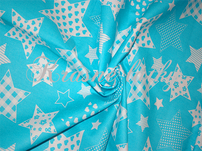 Hvězdy bílé-tyrkysový podklad - 100% bavlna, š. 160 cm, 140 g/m2
