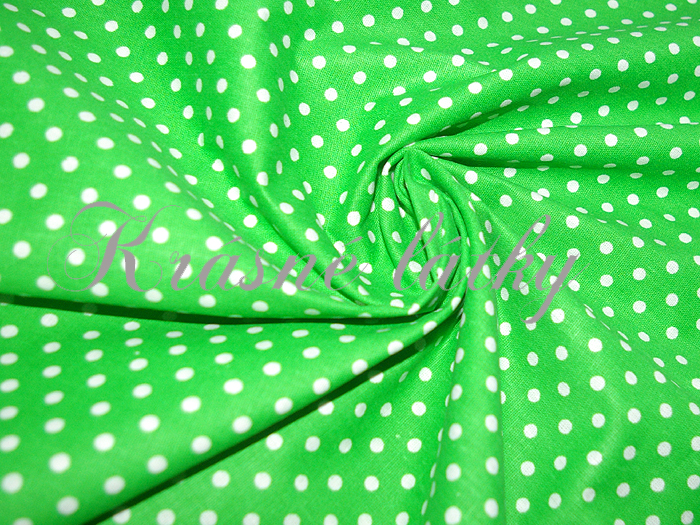 Puntíky 5mm - zeleny podklad š. 150cm, 100% bavlna š. 150cm