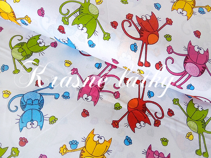 Kočky, bavlněná látka - metráž š. 160 cm, gramáž 150 g/m2, bílý podklad, 100% bavlna