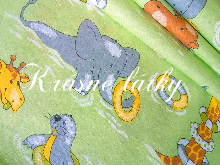 Vyprodáno Hroch, lachtan, žirafa, slon, bavlněná dětská látka, metráž v šíři 140cm, plátno