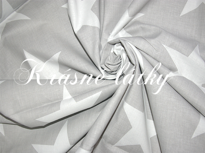 Velké 12cm hvězdy bílé na šedé - 100% bavlna, š. 160 cm bavlna, 130 g/m2