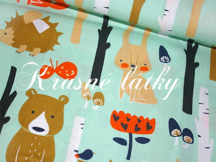 Lesní zvířátka, veverka, liška, ježek, medvěd, mátový podklad,100%bavlna s atest