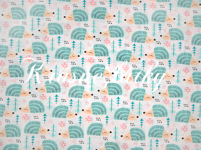 Ježci, ježečkové, máta, azur, 100% bavlna, metráž se zvířátky