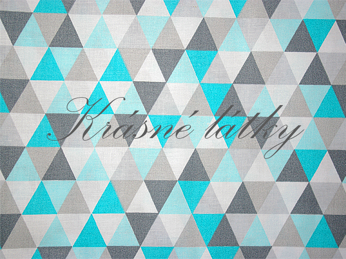 Trojúhelníky máta, geo azur šedé, bavlněná látka v šíři 160cm, 120g/m2